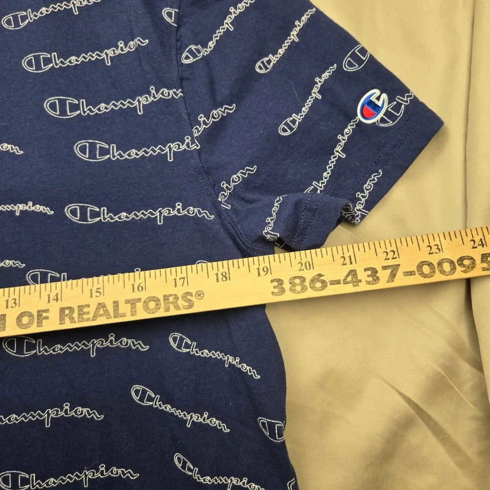Champion Mens Navy Blue All Over Script Logo Print T-Shirt Medium Crewneck Tee - Picture 6 of 9